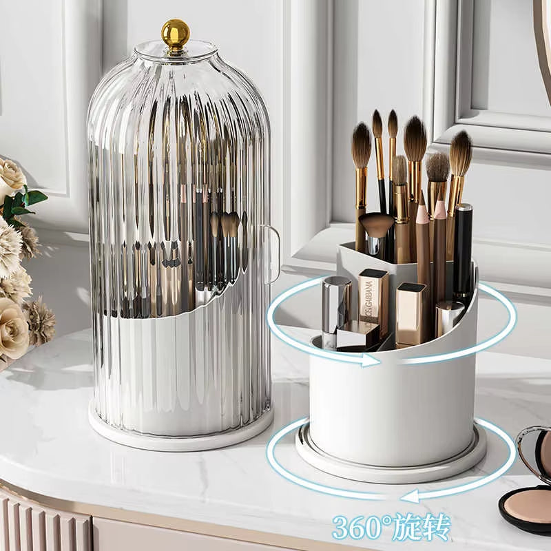 Soporte Giratorio de 360° con Tapa para Brochas de Maquillaje y Caja de Almacenamiento para Lápiz Labial, Cejas y Sombra de Ojos