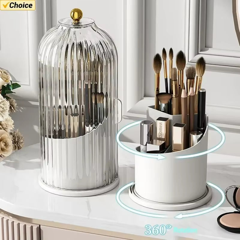 Soporte Giratorio de 360° con Tapa para Brochas de Maquillaje y Caja de Almacenamiento para Lápiz Labial, Cejas y Sombra de Ojos
