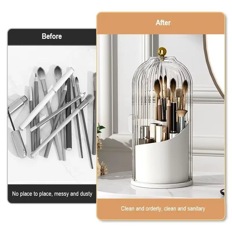 Soporte Giratorio de 360° con Tapa para Brochas de Maquillaje y Caja de Almacenamiento para Lápiz Labial, Cejas y Sombra de Ojos