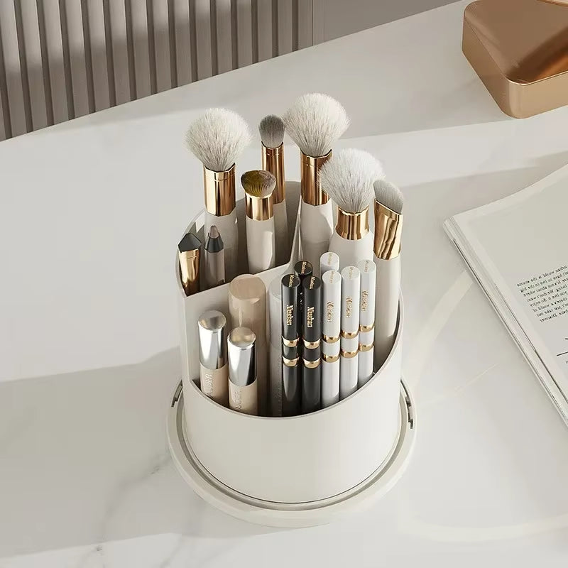 Soporte Giratorio de 360° con Tapa para Brochas de Maquillaje y Caja de Almacenamiento para Lápiz Labial, Cejas y Sombra de Ojos