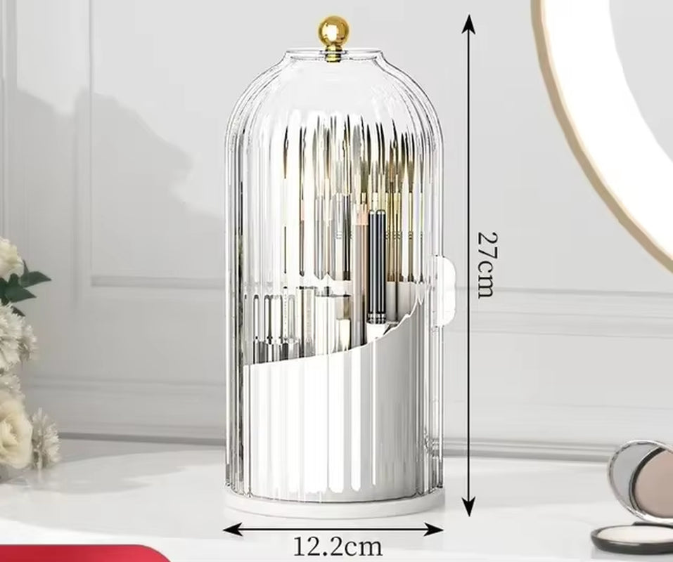 Soporte Giratorio de 360° con Tapa para Brochas de Maquillaje y Caja de Almacenamiento para Lápiz Labial, Cejas y Sombra de Ojos
