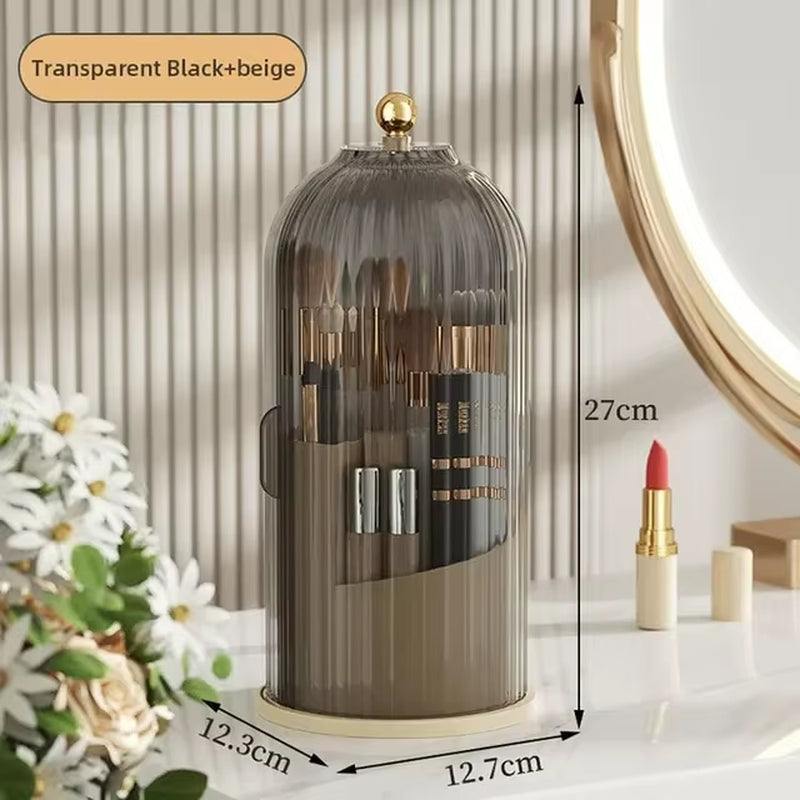 Soporte Giratorio de 360° con Tapa para Brochas de Maquillaje y Caja de Almacenamiento para Lápiz Labial, Cejas y Sombra de Ojos