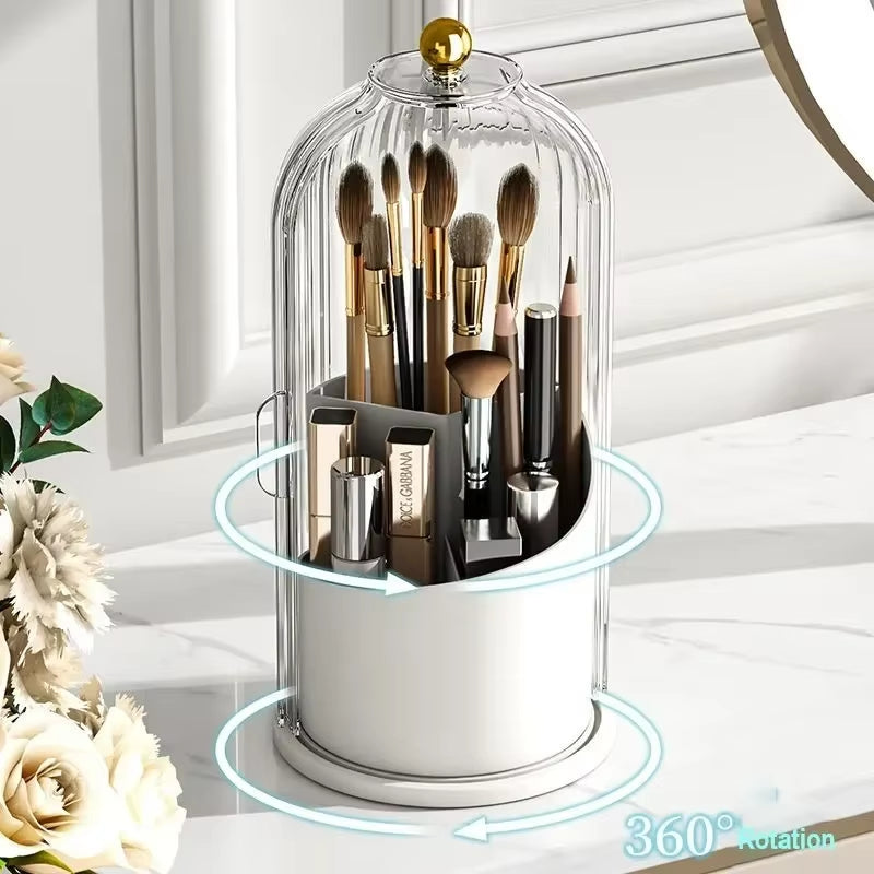 Soporte Giratorio de 360° con Tapa para Brochas de Maquillaje y Caja de Almacenamiento para Lápiz Labial, Cejas y Sombra de Ojos
